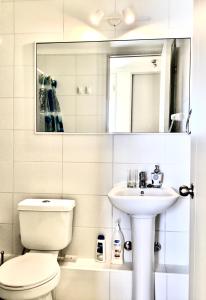 Departamento VIP vista al Mar y Ciudad في فالبارايسو: حمام مع مرحاض ومغسلة ومرآة