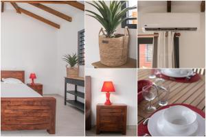 a collage of pictures of a bedroom with a bed and a plant at Bungalow Pom 1, piscine, à 5 min des plages in Le Vauclin