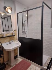 a bathroom with a shower and a white sink at La Sweet du Globe Maubeuge in Maubeuge