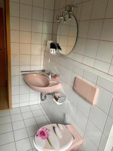 a bathroom with a sink and a toilet and a mirror at Einladendes Appartement im Grünen für 2 Personen in Ostrach