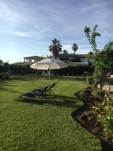 a umbrella and a bench and a surfboard on the grass at Eleftheria Studios and Apartments in Acharavi