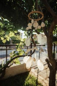 un groupe de coquillages suspendus à un arbre dans l'établissement Meraki Homestay Kanali, à Kanali