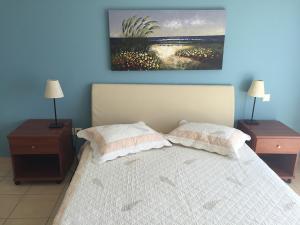 een slaapkamer met een bed met 2 nachtkastjes en een schilderij bij KomiVillas in Lilikás