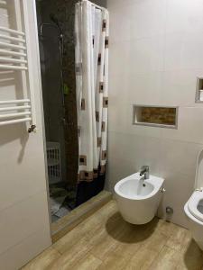 a bathroom with a sink and a toilet and a shower at Cosy Home in Rustavi