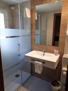 a bathroom with a sink and a shower at Hotel Urogallo in Vielha