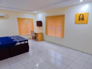 a bedroom with a bed and a desk and a tv at Highly Secured 24 Hours Electricity Apartment in Garki