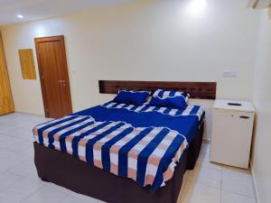 a bedroom with a bed with blue and white sheets at Highly Secured 24 Hours Electricity Apartment in Garki