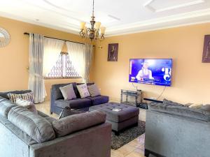 a living room with couches and a flat screen tv at majestic cottage in Ayaso