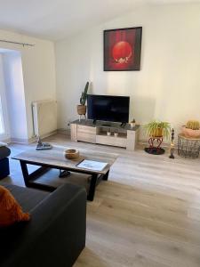 sala de estar con TV y mesa de centro en L’escale Commingeoise, en Saint-Gaudens