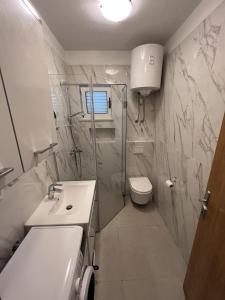 a bathroom with a sink and a toilet and a shower at Apartments by the sea Kneza, Korcula - 168 in Račišće