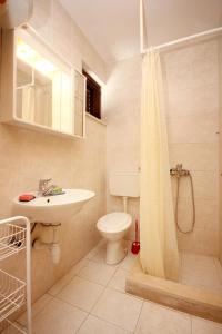 ein Bad mit einem WC, einem Waschbecken und einer Dusche in der Unterkunft Apartments by the sea Tri Zala, Korcula - 174 in Korčula