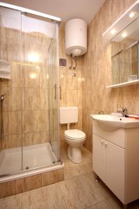 ein Bad mit einer Dusche, einem WC und einem Waschbecken in der Unterkunft Apartments by the sea Tri Zala, Korcula - 174 in Korčula