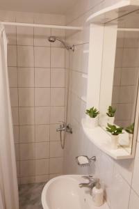 a bathroom with a sink and a shower with a mirror at Apartments by the sea Zavalatica, Korcula - 189 in Zavalatica