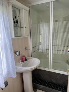 uma casa de banho com um lavatório branco e um chuveiro em 47 Lochview em Stranraer