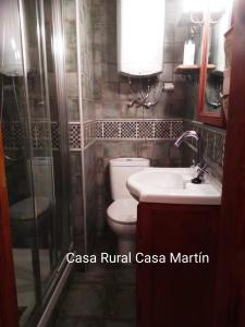 y baño con aseo, lavabo y ducha. en Casa Rural Casa Martin en Cueva de Ágreda