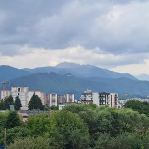 une ville avec des bâtiments et des montagnes en arrière-plan dans l'établissement Panoramic Apartment, à Braşov