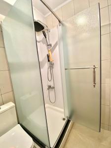 La salle de bains est pourvue d'une douche avec une porte en verre. dans l'établissement Nesi apartmenti, à Pristina