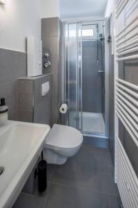 a white bathroom with a toilet and a shower at Apartment im Herzen von Braunschweig mit Parkplatz in Braunschweig +9 photos