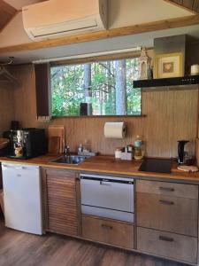 eine Küche mit einem Waschbecken und einem Fenster in der Unterkunft Atpūta namiņā pie jūras Skujiņas in Lembuži