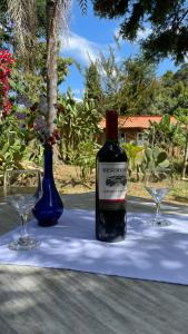 una botella de vino sentada en una mesa con dos copas en Pousada Alquimia, en Aiuruoca