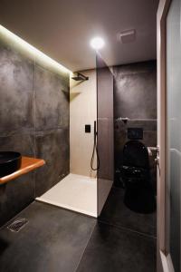 a bathroom with a shower with a toilet in it at The White Tree in Pristina
