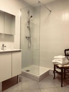 a bathroom with a shower with a glass door at Studio climatisé dans un ancien domaine viticole in Montpellier