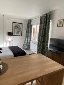 une chambre avec un lit et une télévision à écran plat dans l'établissement Studio climatisé dans un ancien domaine viticole, à Montpellier