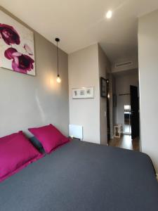 ein Schlafzimmer mit einem großen Bett mit rosa Bettwäsche in der Unterkunft Chambres Supérieures privées, plein centre-ville de Nice - HUBERT in Nizza
