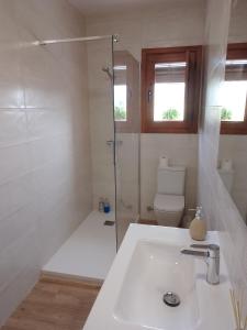 a bathroom with a shower and a sink and a toilet at Casa El Caminero in Rubielos de Mora