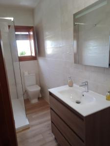 a bathroom with a sink and a toilet and a mirror at Casa El Caminero in Rubielos de Mora