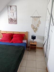 1 dormitorio con 1 cama con almohadas rojas en Le Repaire du Golfeur de la Largue - Mooslargue, en Mooslargue