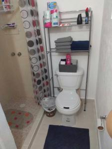 a bathroom with a white toilet and a shower at Pretty Apartment HOEStel Bacaret! in Cancún