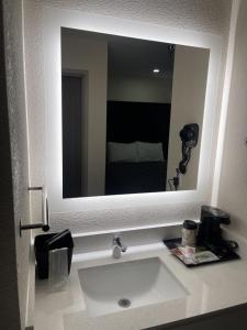 La salle de bains est pourvue d'un lavabo et d'un grand miroir. dans l'établissement Fairway Inn, à Iowa