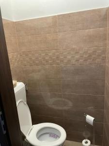 een badkamer met een toilet en een betegelde muur bij BRL Apartman in Nyíregyháza
