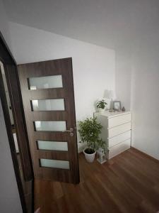 eine Tür in einem Zimmer mit einer Pflanze und einer Kommode in der Unterkunft BRL Apartman in Nyíregyháza