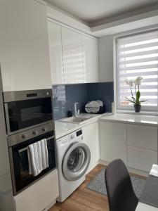 eine Küche mit einer Waschmaschine und einem Waschbecken in der Unterkunft BRL Apartman in Nyíregyháza