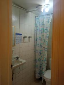 La salle de bains est pourvue d'un rideau de douche et de toilettes. dans l'établissement HOTEL DUX, à Tunja