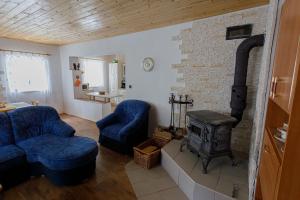sala de estar con 2 sillas y fogones en Chata Lomnice U Potoka, en Lomnice