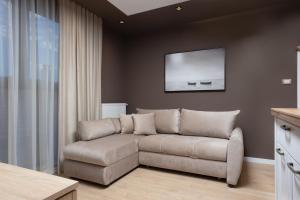 a living room with a couch and a picture on the wall at Hill Apartments in Požarevac