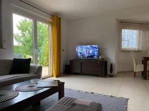 sala de estar con sofá y TV en 4 Bedroom family house with access to a hot tub, en Goczałkowice-Zdrój