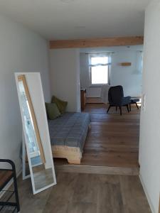 a living room with a bed and a mirror at Lamm - Wohnung 1 in Spiegelberg