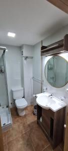 een badkamer met een toilet, een wastafel en een spiegel bij Suite Vintage Bariloche in Bariloche