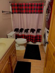 a bathroom with a toilet and a plaid shower curtain at The Barn in Asheville