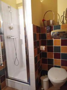 W łazience znajduje się prysznic, toaleta i prysznic. w obiekcie Quinta do Borges 2 w mieście Guarda