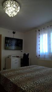 Schlafzimmer mit einem Bett, einem TV und einem Fenster in der Unterkunft Apartments by the sea Ugljan - 15104 in Ugljan