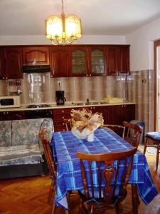 Dobrinj的住宿－Apartments with a parking space Tribulje, Krk - 15223，厨房配有一张桌子,上面有蓝色的桌布