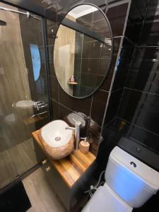 bagno con lavandino, specchio e servizi igienici di Estudio en el centro de Rosario a Rosario