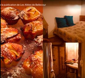 a collage of two pictures of pastries and a bed at Les Allées de Bellecour in Lyon