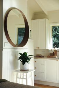uma cozinha com um espelho e uma planta sobre uma mesa em Drumreagh Cabins em Deloraine