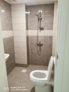a bathroom with a toilet and a shower at Amazing 2BR pent house flat with mountain view in Muscat